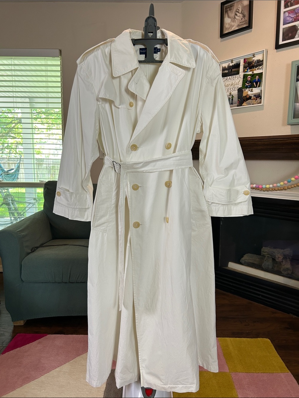 Ralph Lauren Blue Label Double Breasted White Vintage Cotton Trench Coat Size 14 - Picture 11 of 17